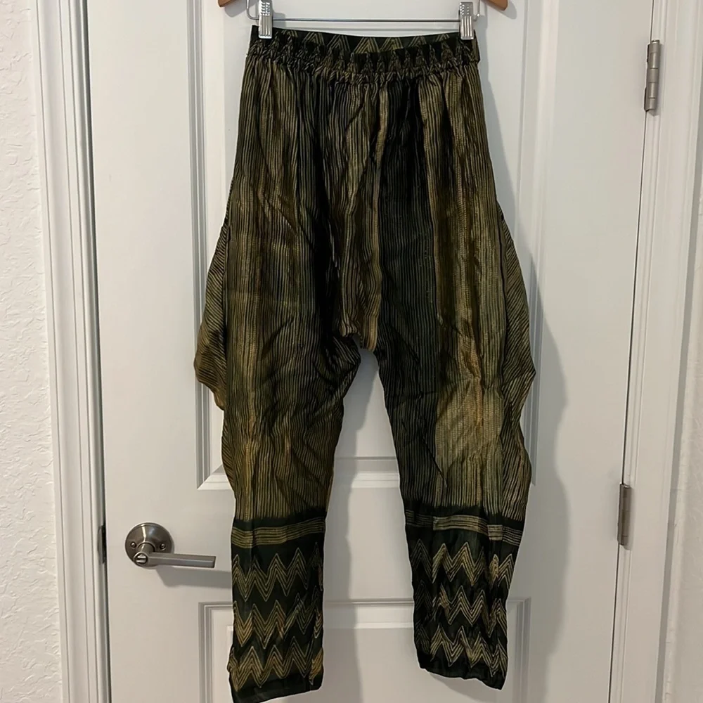 Anthro Silk Harem Pants Gold Black Knot Front Euro Statement XS